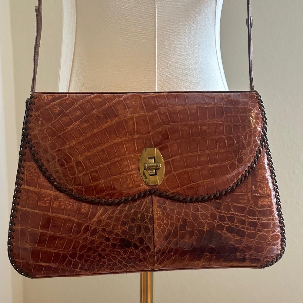 Vintage Elegant Brown Crocodile Authentic Leather Shoulder Bag